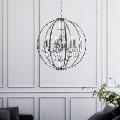 22" Chrome Chandelier for Dining Room, Foyer, Bedroom – Modern 5-Light Cage Design with Crystal Bead Drops & E12 Bulb Base – LED Compatible, BACL Certified