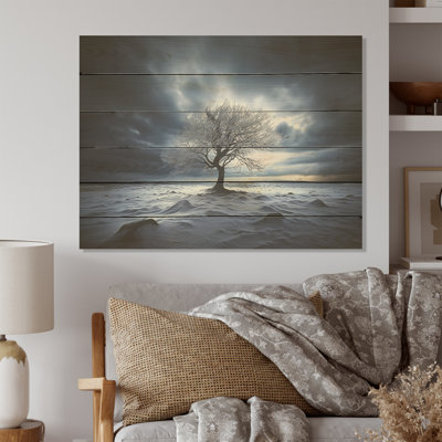 Black And White Photography Winter Tree - Tree Wood Wall Art On Natural Pine Wood