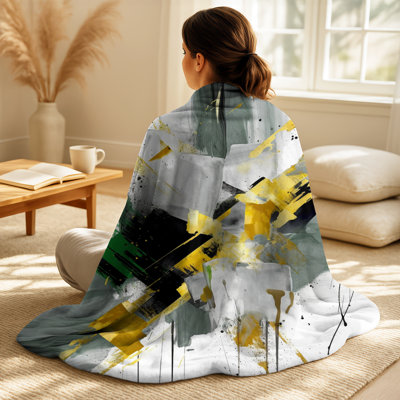 Yellow And Green Abstracted Perspectives IV - Abstract Throw Blanket With Pillow Set For Couch