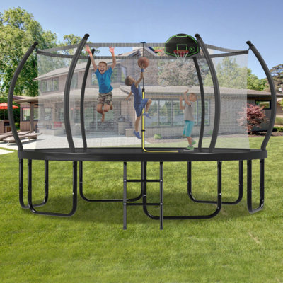 Trampoline rond extérieur avec poteaux courbés, filet de sécurité, panier de basketball et échelle d'accès pour enfants et adultes