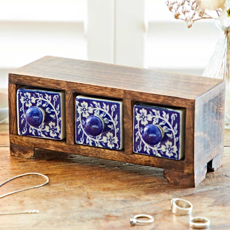 Hand Painted Blue Floral Ceramic 3 Drawer Chest