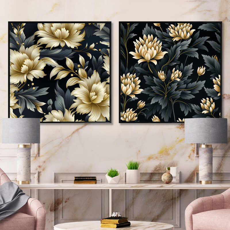 Joana - Ensemble de 2 collages carrés botaniques abstraits, Cadre flottant noir, H 30 po x l 61 po