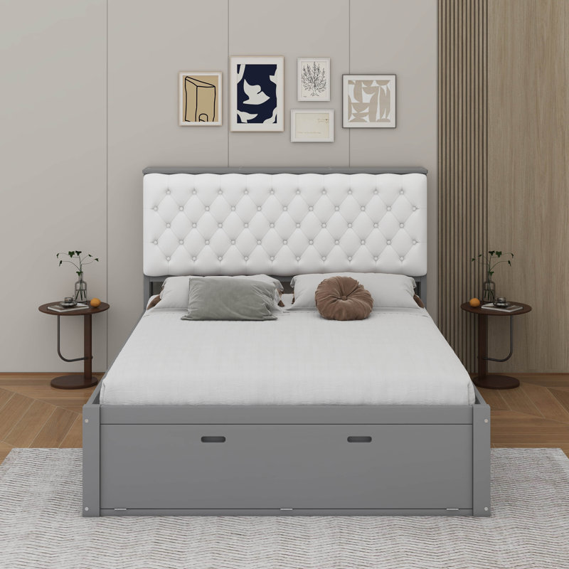 Grand lit plateforme avec tête de lit, étagère à chaussures et tiroirs, Gris