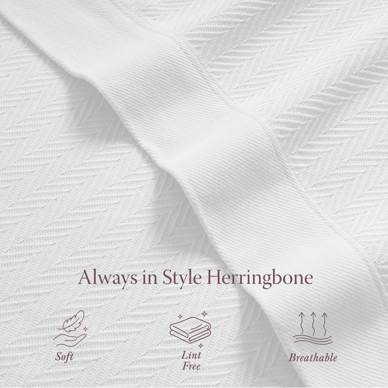 Threadmill 100% Cotton Herringbone Blanket, King (106" x 92"), White