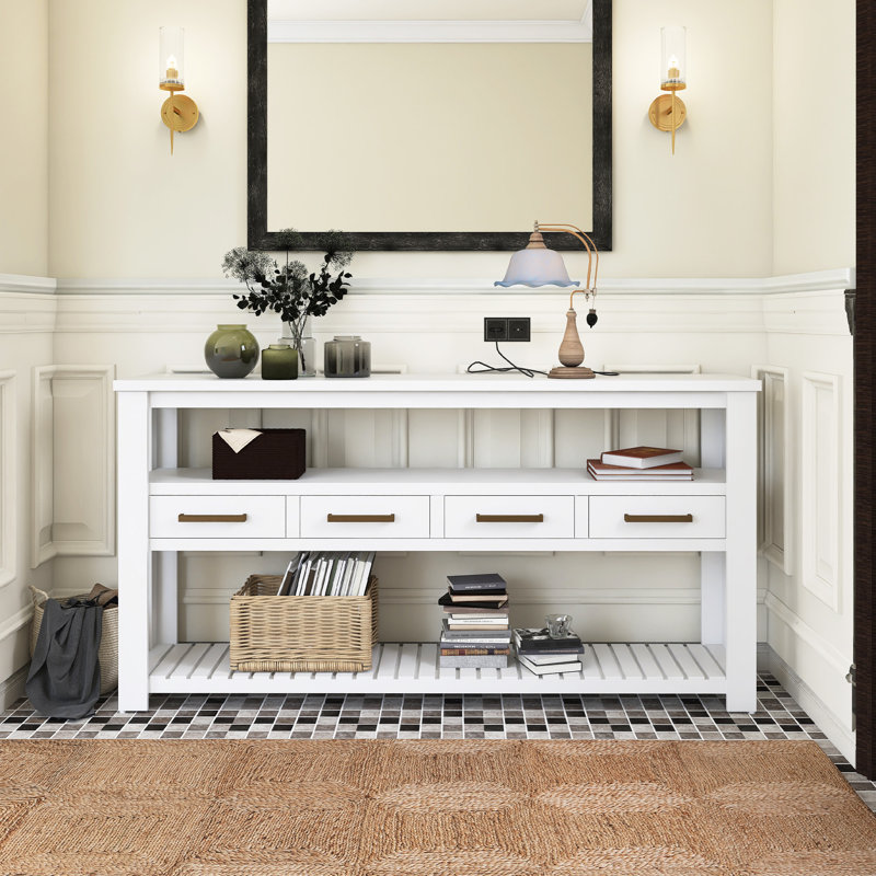 Console 62,2 po avec 4 tiroirs en bois peint, Blanc