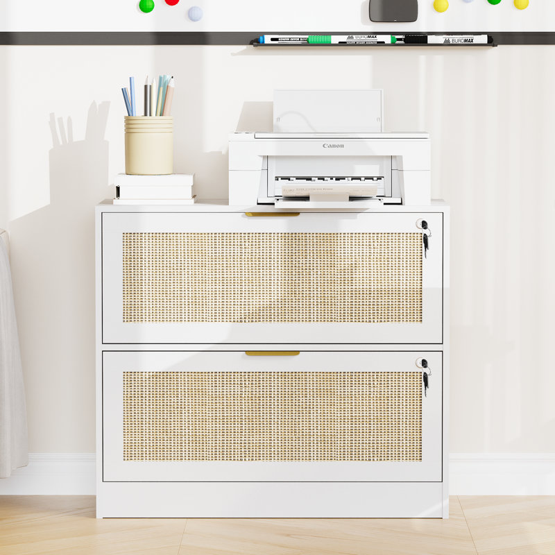 31.1"W Rattan File Cabinet With 2 Drawer & Lock, White