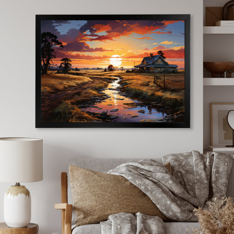 Markina " Farmhouse Sunset ", Cadre simple noir, H 16 po x l 32 po x P 1 po