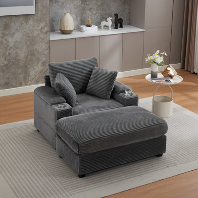 Canapé rembourré en velours côtelé avec rangement pour main courante, repose-pieds mobile, porte-gobelets, siège profond pour coussins amovibles