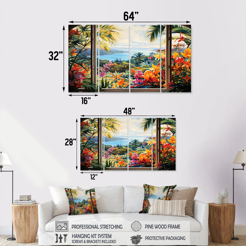 «Tropical Windows View Blooms IV - Coastal Windows», ensemble d'art mural 4 pièces, H 32 po x l 64 po
