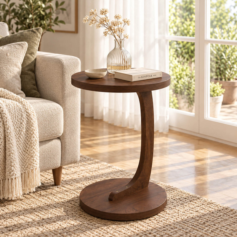 Table de bout en forme de C 14,96 po avec finition grain de bois de noyer pour canapé et chevet