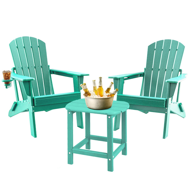 3-Piece Folding Adirondack Chairs With Side Table, HDPE Plastic Outdoor Chairs With Cup Holder- 400Lbs & Weather Resistant For Fire Pit, Deck, Patio, Pool, Backyard