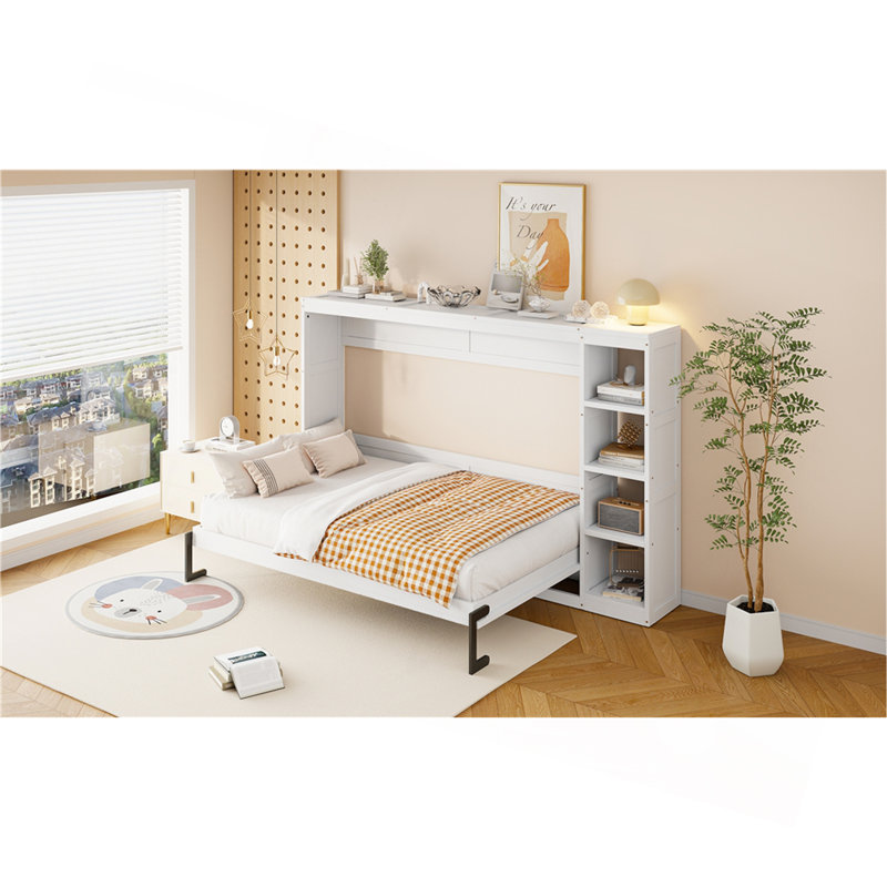 Lit escamotable double avec bibliothèque, Lit double, Blanc