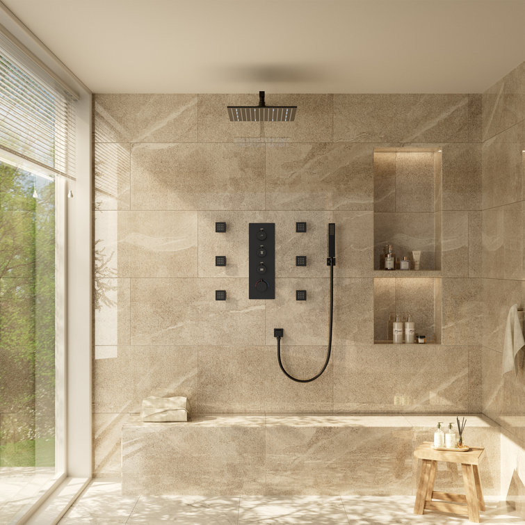 3-Function LED Light Thermostatic Rainfall Shower System with 6 Body Jets and Rough-in Valve