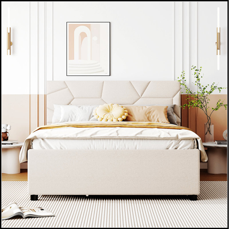 Lit plateforme tapissier avec tête de lit à motif brique, lit gigogne et 2 tiroirs pour un rangement et un style améliorés