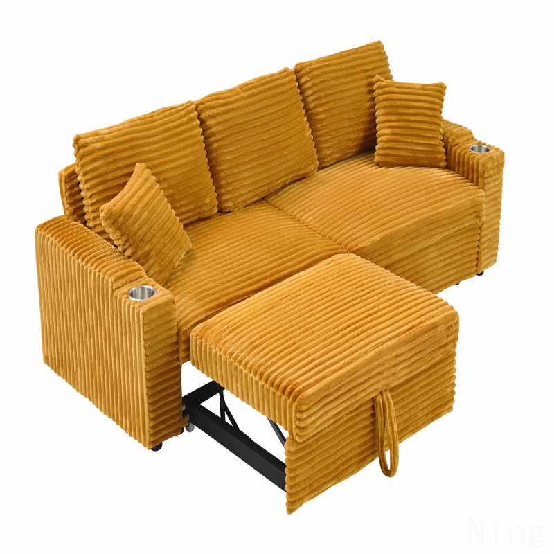 Canapé pour 2 personnes adapté aux maisons modernes. Canapé multifonctionnel en velours côtelé 80 po avec inclinaison cachée, conception peu encombrante, accoudoirs, porte-gobelets et repose-pieds amovible, orange