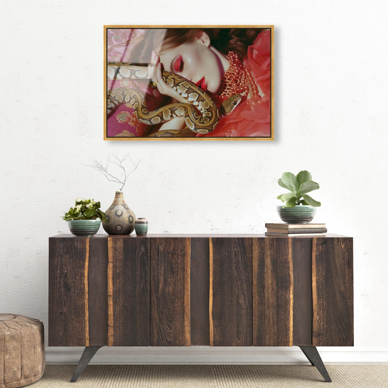 Oliver Gal Cleo and the Snake Fashion - Framed Acrylic Glass Wall Art, 30" H x 45" W, Gold