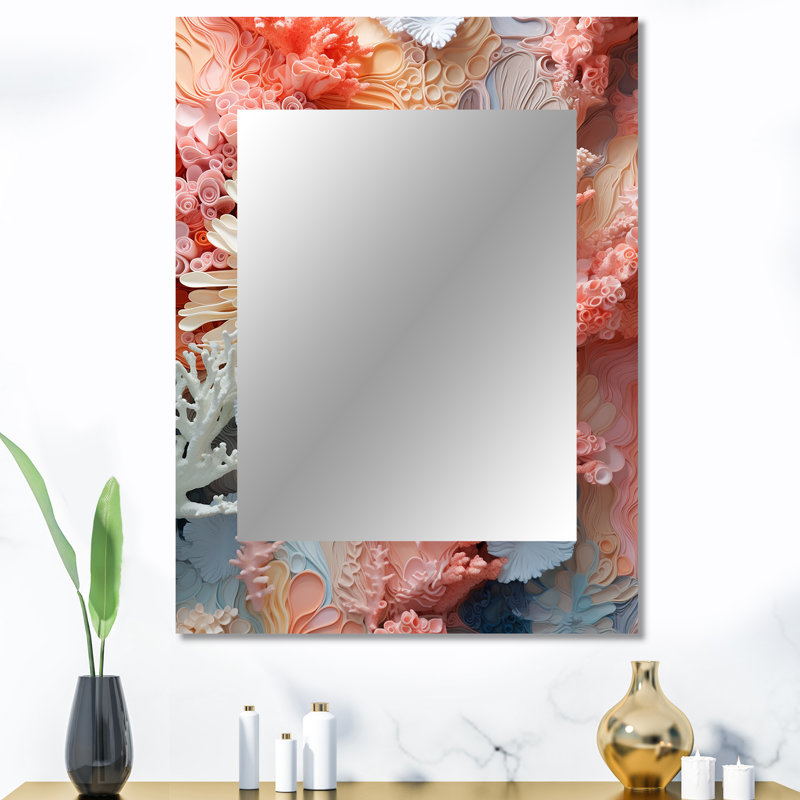 Pink And White Coastal Coral Collage IV - Corals Decorative Wall Mirror, Cream Large Mirror, Printed Metal Art, 40" x 30"