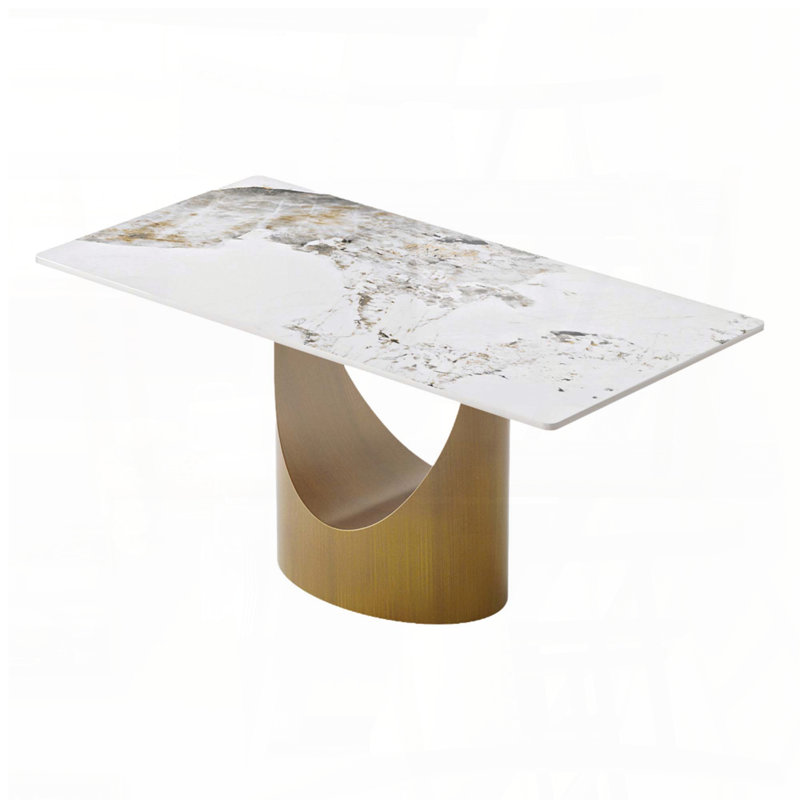 63'' Sintered Stone Dining Table for 6-8 with Bronze Legs, 29.53" H x 63" W x 31.5" D, White Top/Brown Base