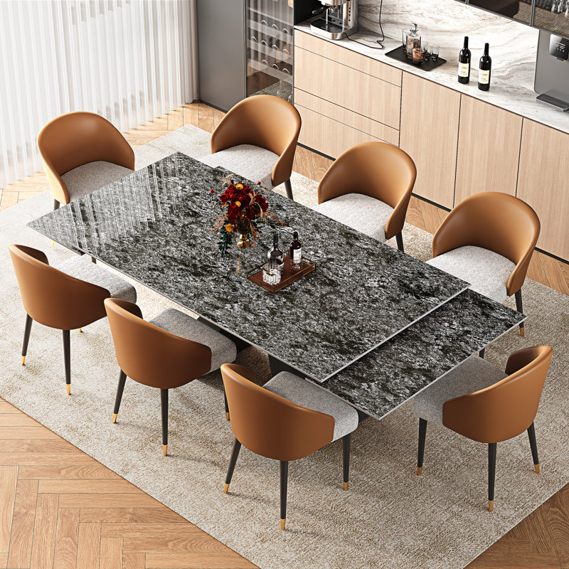 9-Piece Dining Set With 110.24'' Extendable Sintered Stone Table Top, 8 Upholstered Faux Leather Dining Chairs & Metal Base