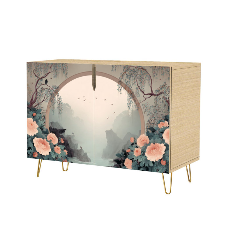 Sideboard Buffet Cabinet with Storage Serene Oriental Landscape Peonies Willow Trees Birds Flowing River with 2 Doors for Living Room and Kitchen