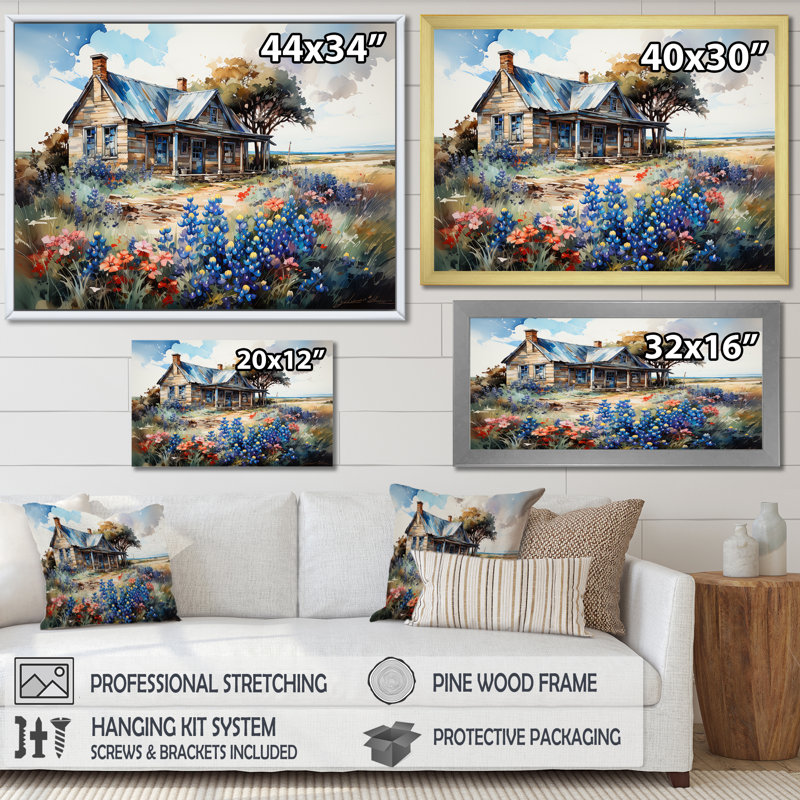 «Blue Bonnets Farm Charm» sur toile, H 24 po x l 32 po x P 1 po, Toile tendue