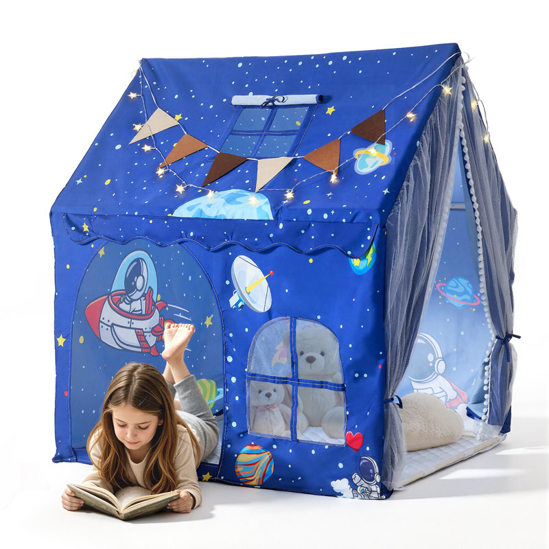Tente de jeu pour enfants, structure en PVC, avec tapis rembourré, bleu, utilisable à l'intérieur et à l'extérieur, coin lecture/sieste, sac de transport, drapeau, fenêtre aérée et guirlande lumineuse étoilée.