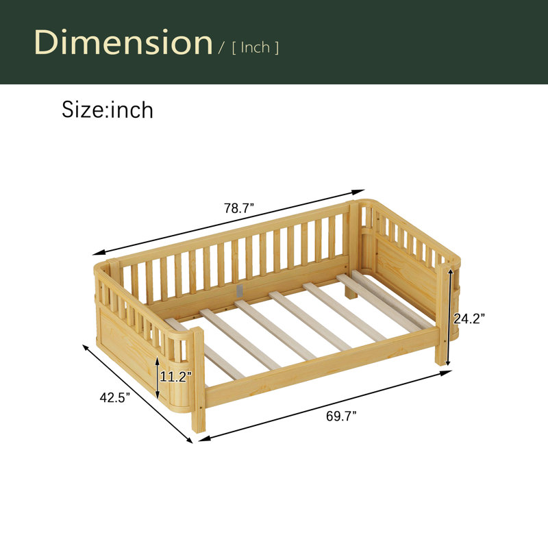 Twin Size Wood Platform Bed For Kids, Wood Low Profile Twin Bed With Rails For Girls And Boys