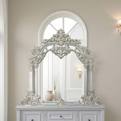 Dove Dresser Mirror, 54X59, Classic Silver Rococo Carvings, Wood Resin