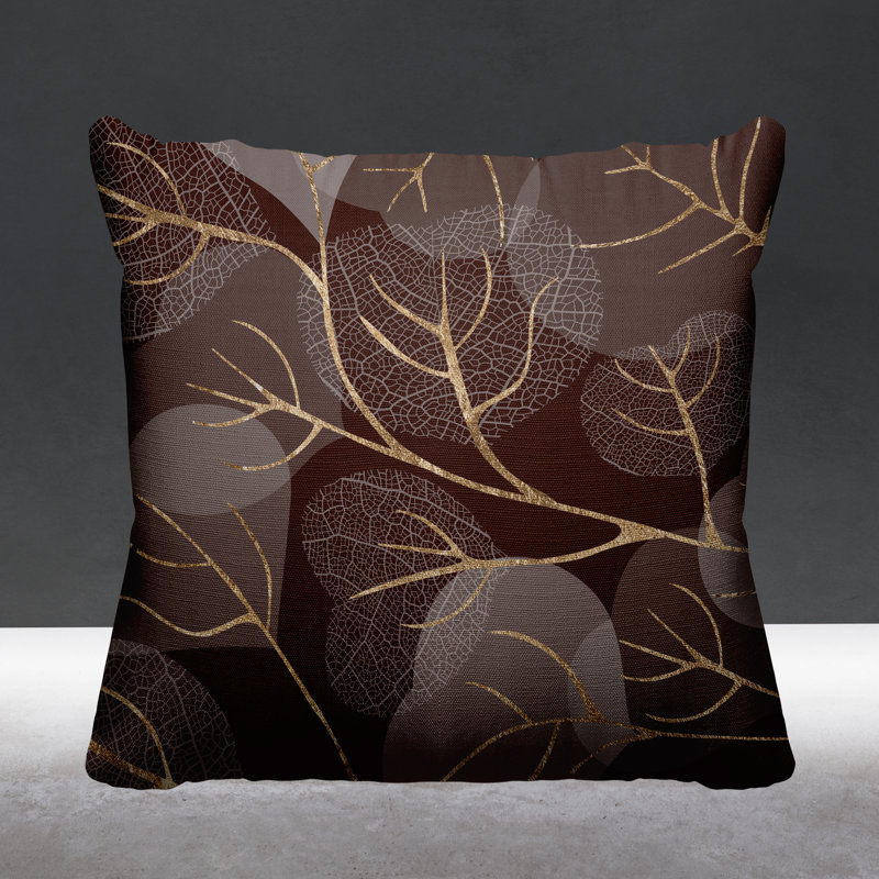 Coussin décoratif intérieur / extérieur Baka Leafs, H 15 po x l 15 po, Brun / or