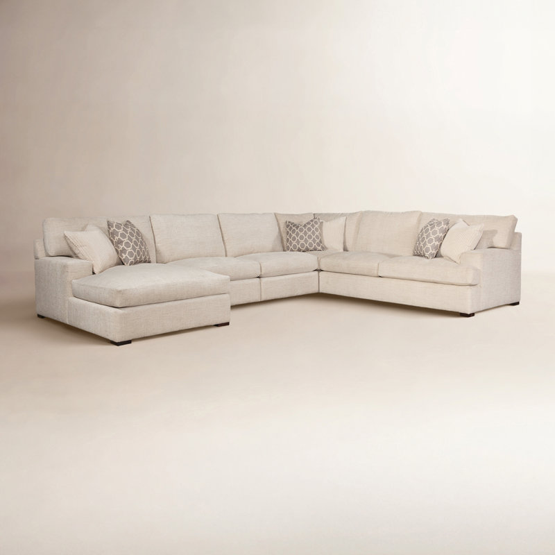 Cambria Upholstered U-Sectional, Beige Performance Fabric; 0851-73, Java Finish, Right Hand Facing