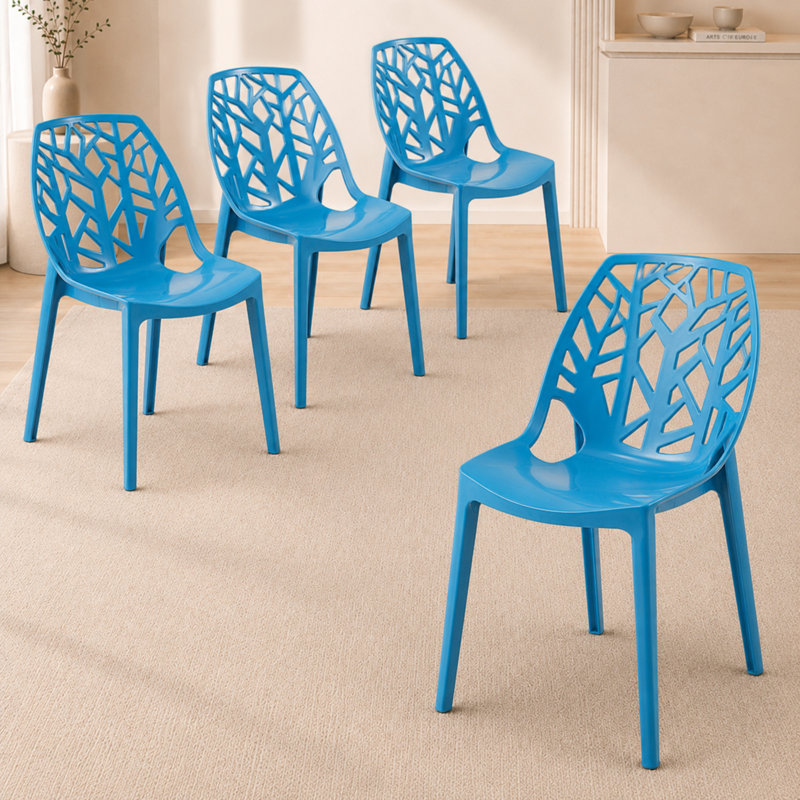 Chaise de salle à manger empilable légère pour l'intérieur et l'extérieur Edgington, Bleu uni, Ensemble de 4