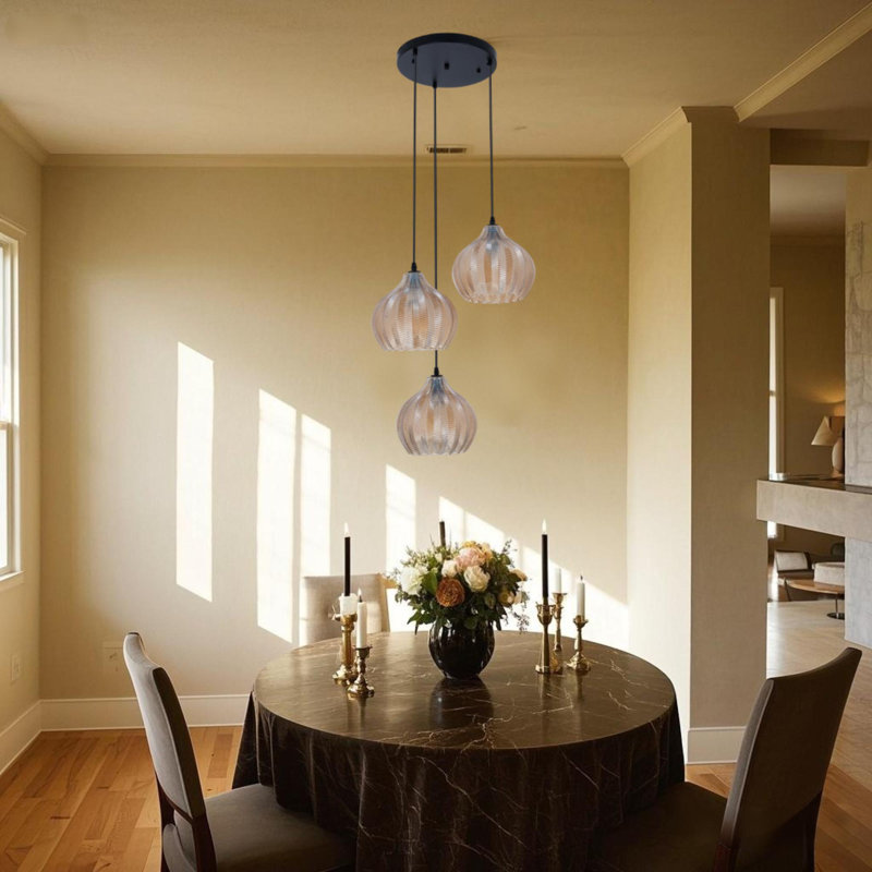 Amber-colored Three-head Glass Chandelier - Adjustable Length / E26 Base / Wall Switch
