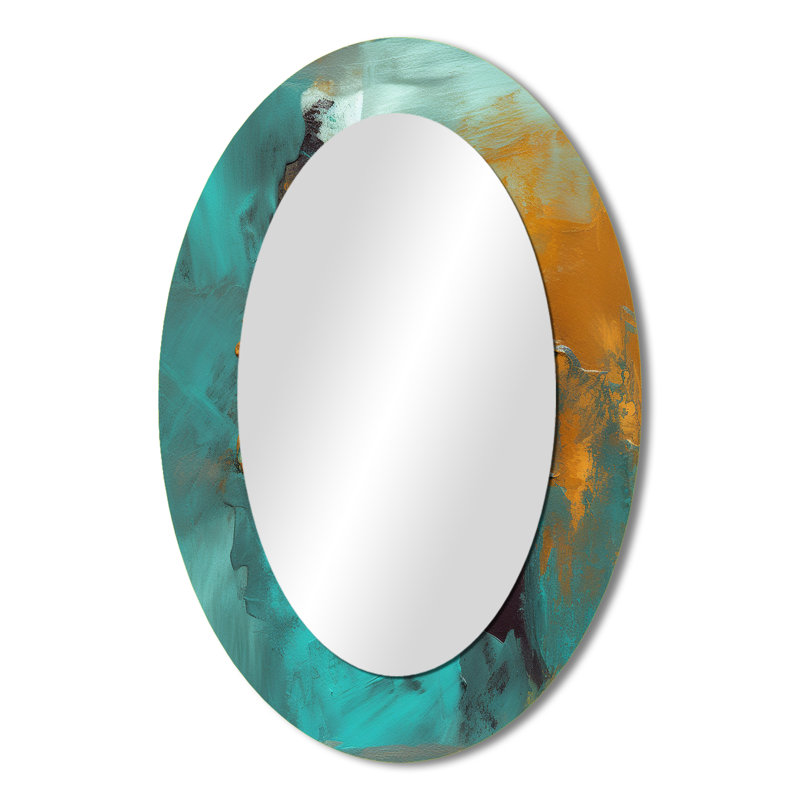 Miroir mural ovale décoratif « Becoming the Ocean Sun » - Motif abstrait bleu sarcelle et or, 36 po x 24 po