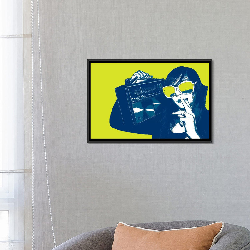 « boombox joint jaune », reproduction d’impression sur toile, H 18 po x l 26 po x P 1,5 po, Toile avec cadre noir