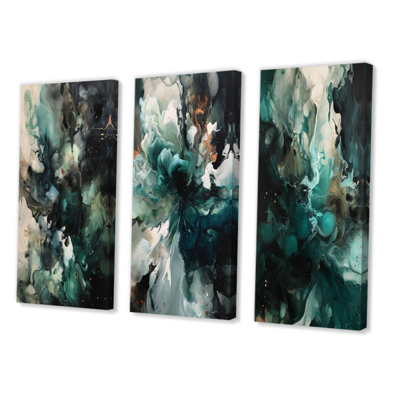 Art mural vert et blanc marbré III - art abstrait géométrique, ensemble de 3, Toile tendue, H 28 po x l 36 po