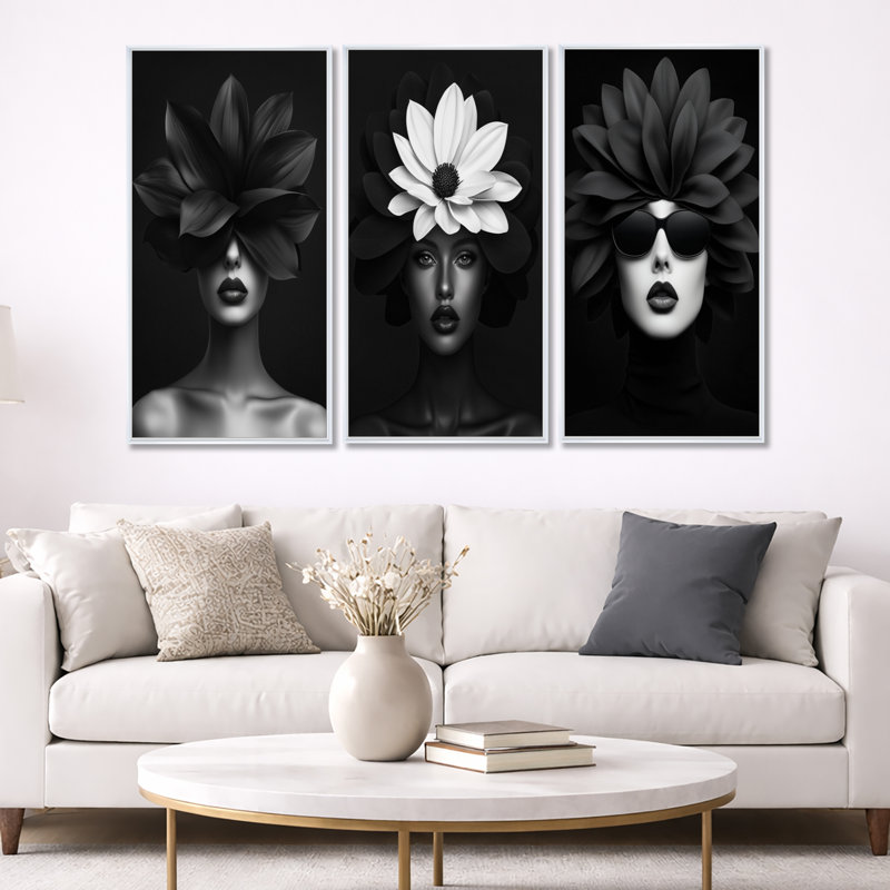 «Black and White Floral Woman Portrait Photo II - Fashion», art mural encadré 3 pièces, 40" H x 60" W, White Floater Framed