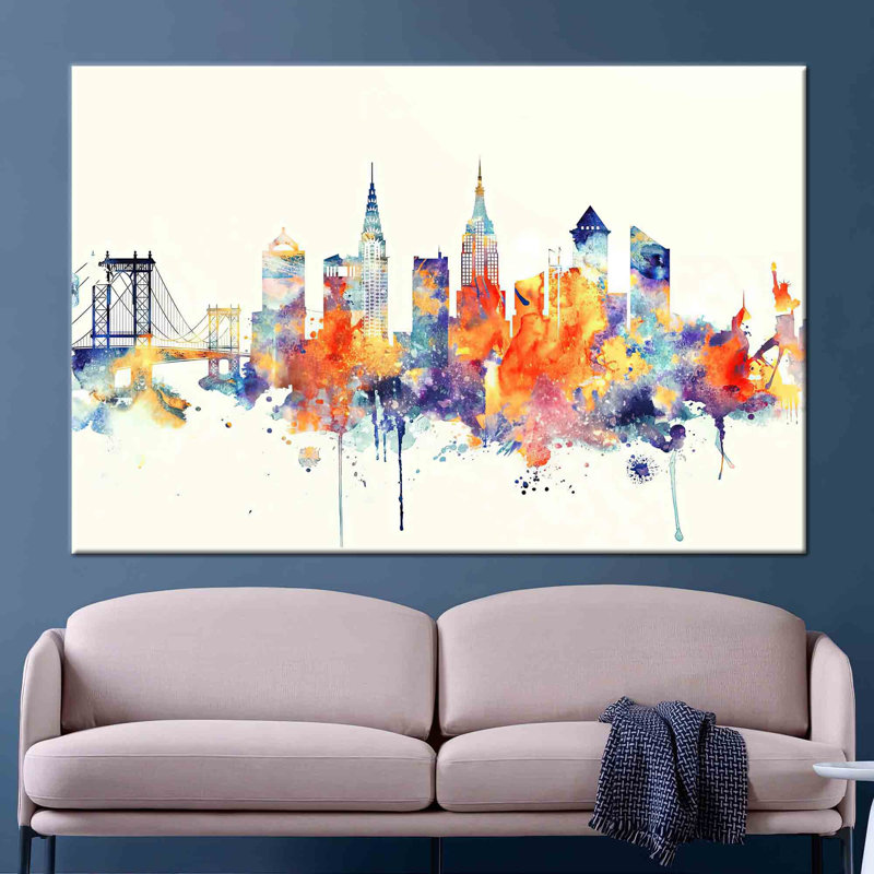 Art sur toile de coton coloré avec paysage urbain abstrait, vue de New York, H 43 po x l 79 po, Toile tendue