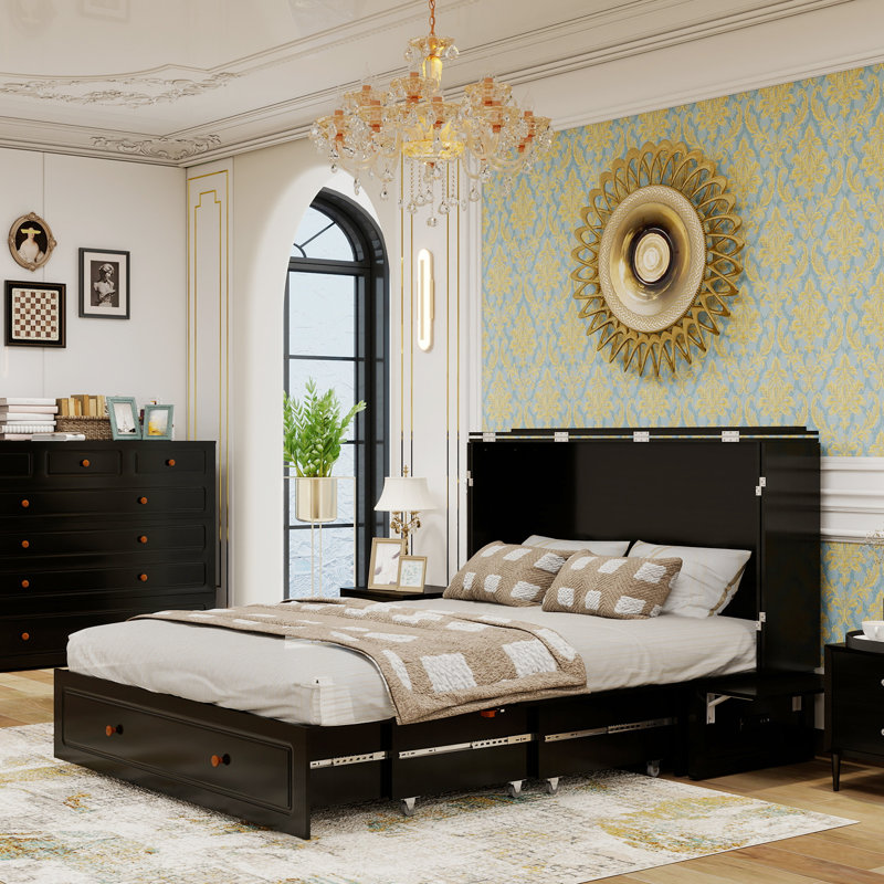 Grand lit escamotable avec rangement encastré et grand chargeur noir