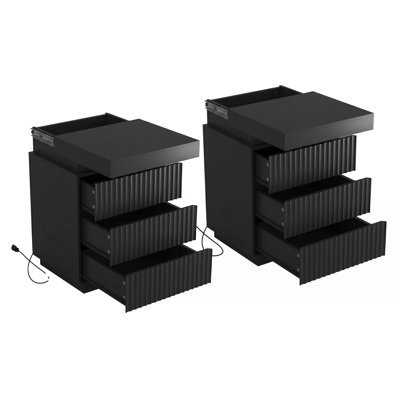 Nightstand Set of 2 with Charging Station, LED Lighting & Fluted Storage