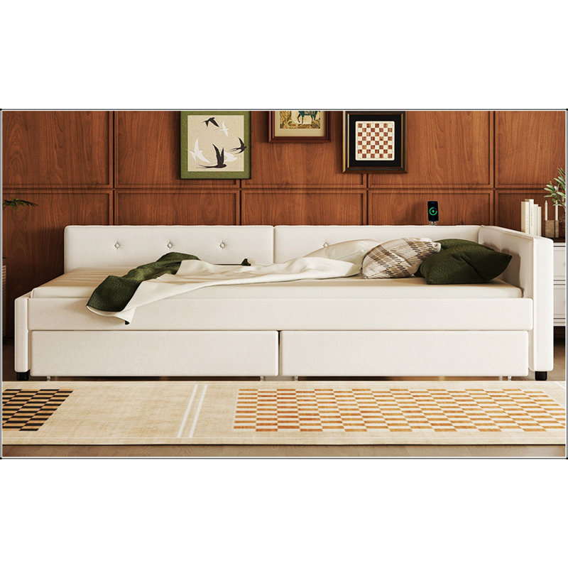 Grand lit plateforme tapissier avec ports USB et 2 tiroirs spacieux, beige, alliant confort et rangement, Grand lit
