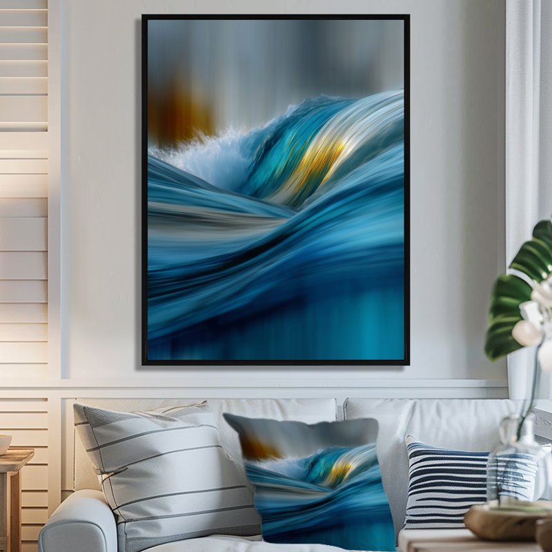 «Yellow Blue Wave», art mural encadré jaune côtier, H 40 po x l 30 po, Cadre flottant, Noir
