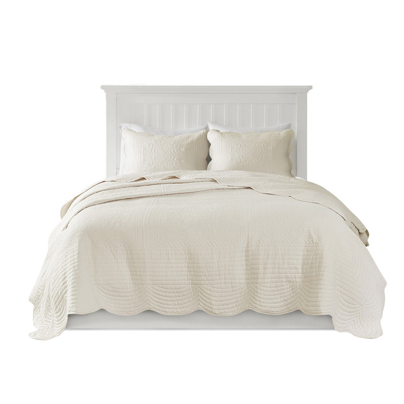 Courtepointe réversible très grand / très grand avec bordures festonnées pour lit King / King, Crème, crème