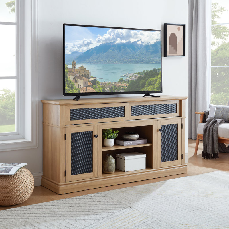 Embossed Pattern TV Stand, TV and Media Console with Open and Closed Storage Space and sliding door, Light Oak