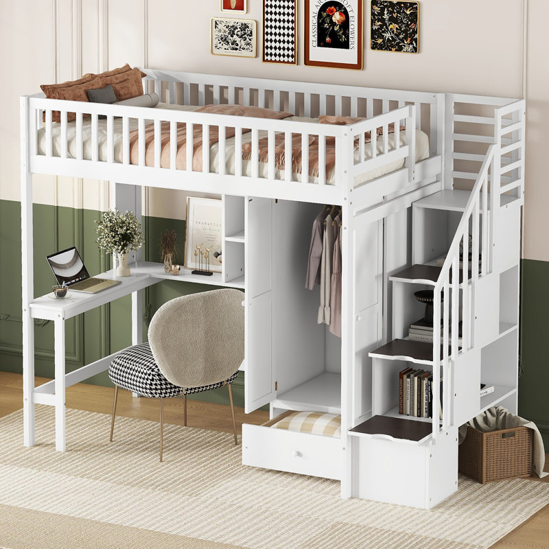 Jamner Kids Twin Loft Bed with Drawers, White, Full