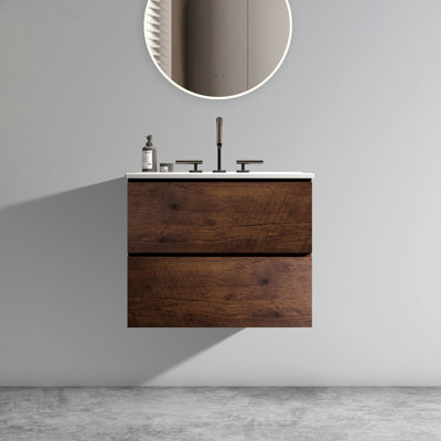 Meuble-lavabo mural en noyer de 24 po - Lavabo en céramique, fonctionnalité silencieuse avec tiroirs et poignée - Design pour salle de bain moderne