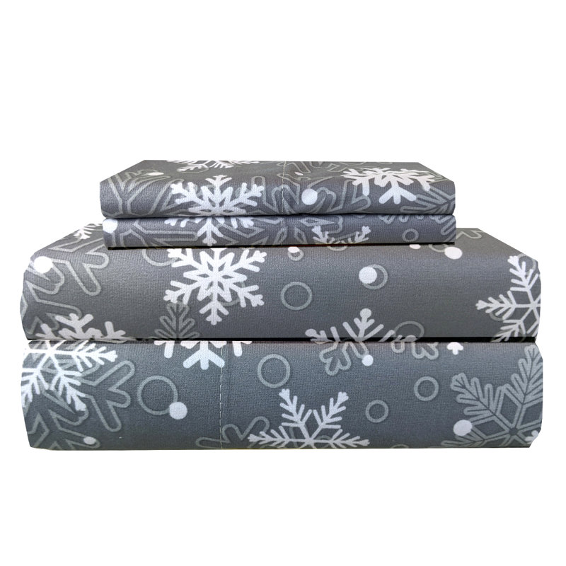Micro Flannel® Printed Deep-Pocket Sheet Set, Queen Sheet Set with 2 Pillowcases, Snowflakes Gray