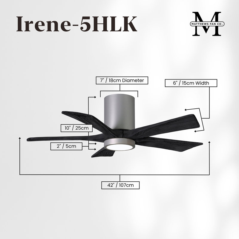 Irene Flushmount Light Kit 5 Blade LED Ceiling Fan, Brushed Nickel, Matte Black, 42"