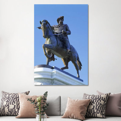Statue Of Sam Houston Pointing Towards San Jacinto Battlefield Against Blue Sky, Hermann Park, Houston, Texas, USA - Wrapped Canvas Print