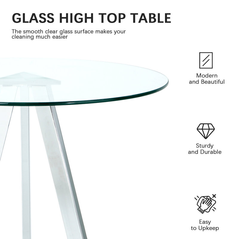 Bar Height Set, Tempered Glass Round Dining Table and Velvet Adjustable Dining Chairs., Beige, 5