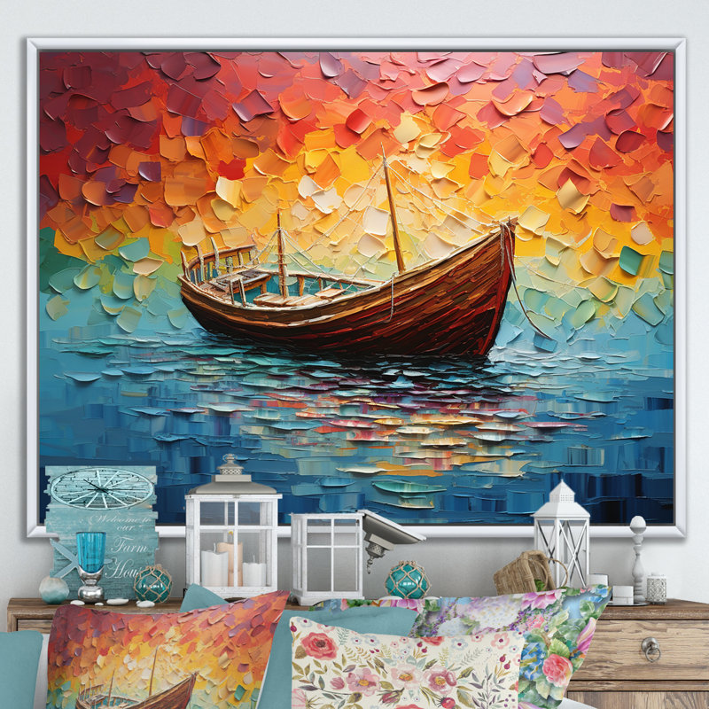 Coucher de soleil orange sur un bateau à voile II - bateau de pêche, art mural, Cadre flottant blanc